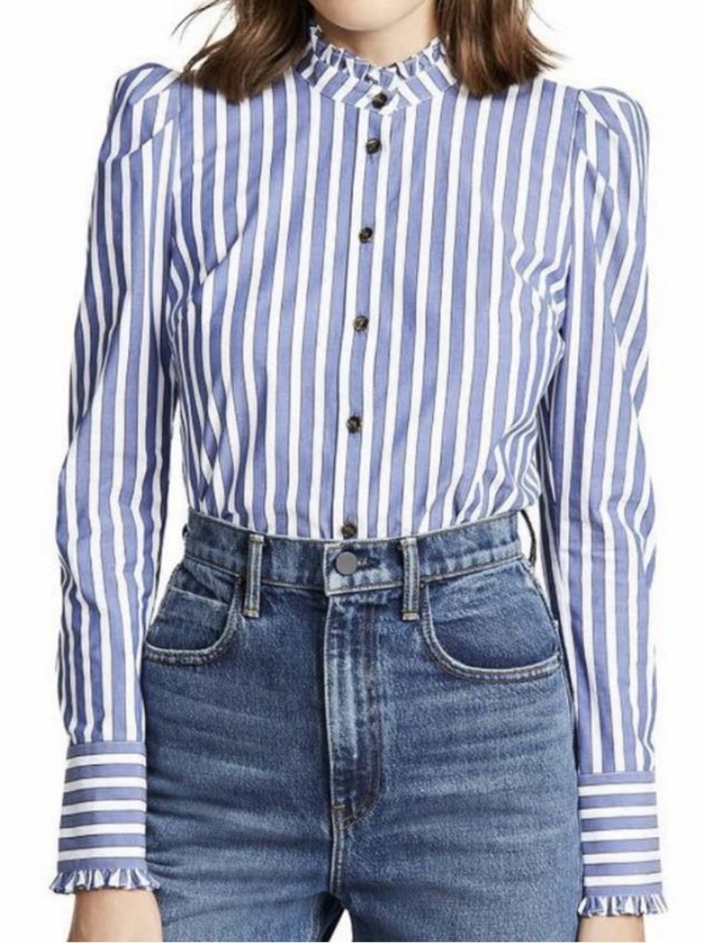 Veronica Beard Holli Blue and White Striped Ruffle Collar Button-Down Shirt - Picture 2 of 8